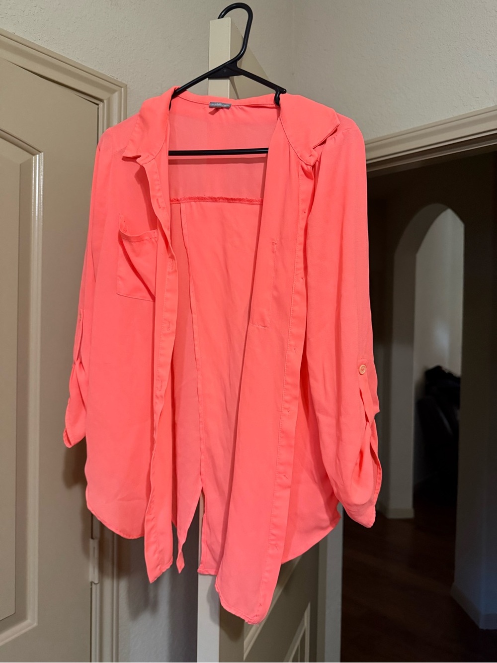 Charlotte Russe Neon Coral Sheer Button Front Blouse Medium